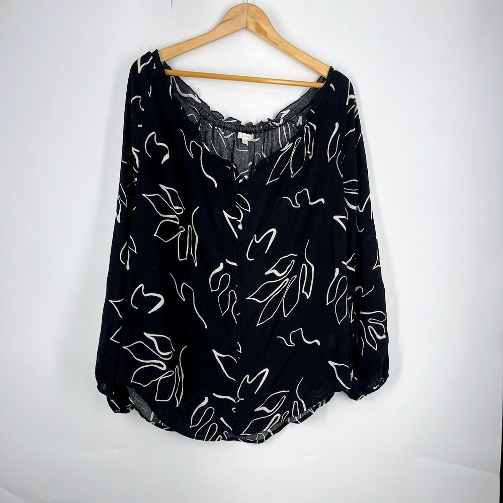 Z Supply Black White Abstract Floral Button Front Off Shoulder Blouse ZT231160 M